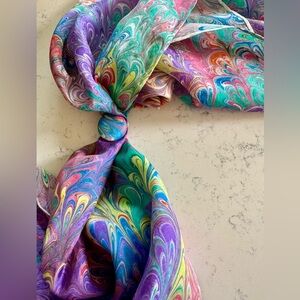 Silk Handmade Colorful Swirl Pattern Scarf / Table Runner 11"x56" w/buckle clip